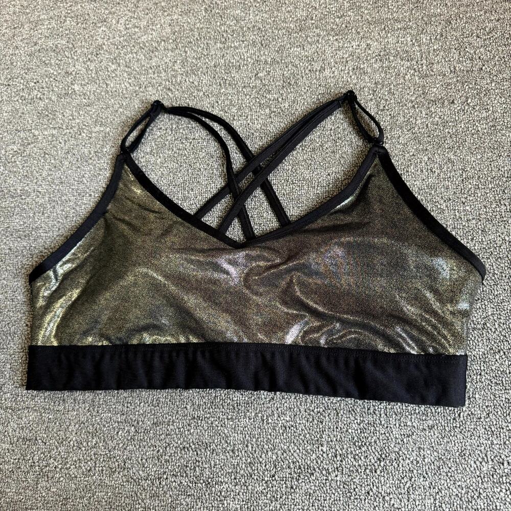 Victoria's Secret PINK Sport Bra Women's XL Metallic Gold Black Crisscross Back